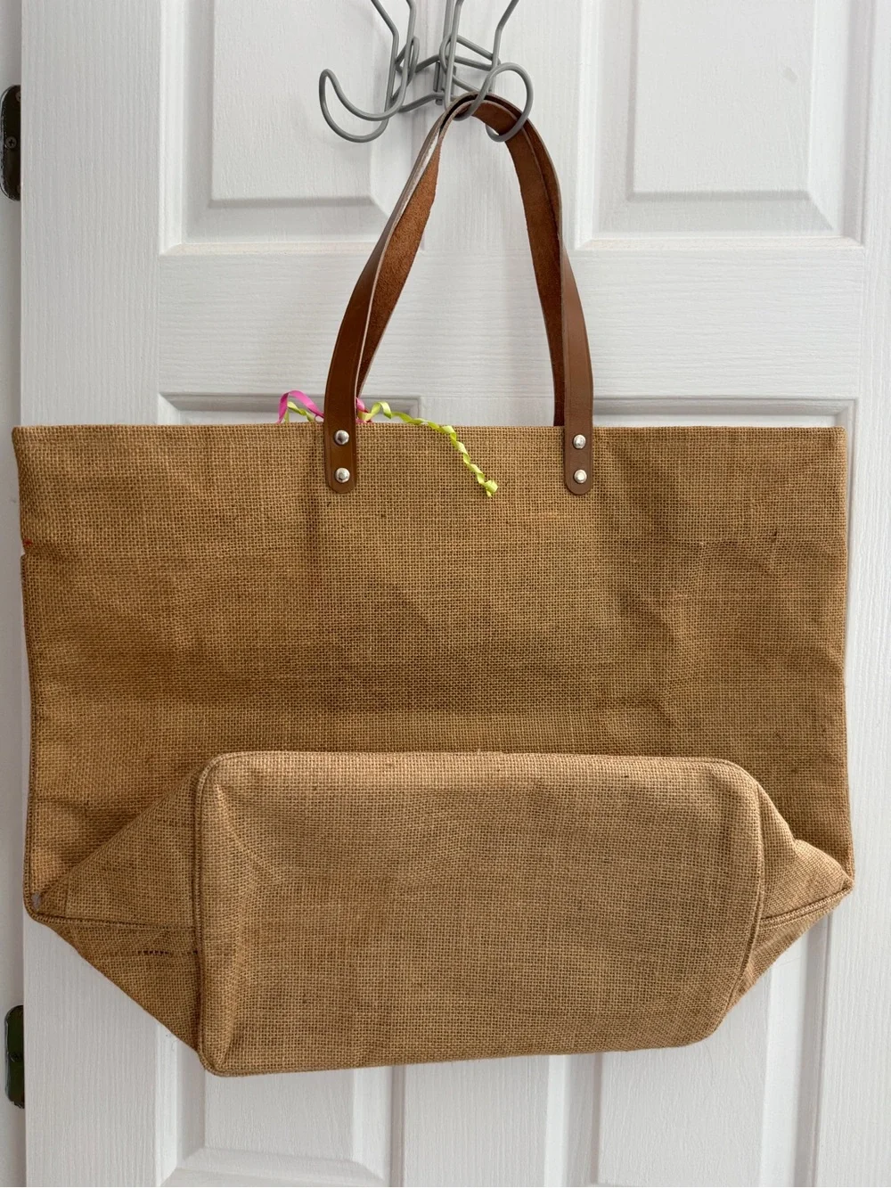 Attn New Delta Zetas!Jute Tote Bag with Brown Leather Handles and White Monogram